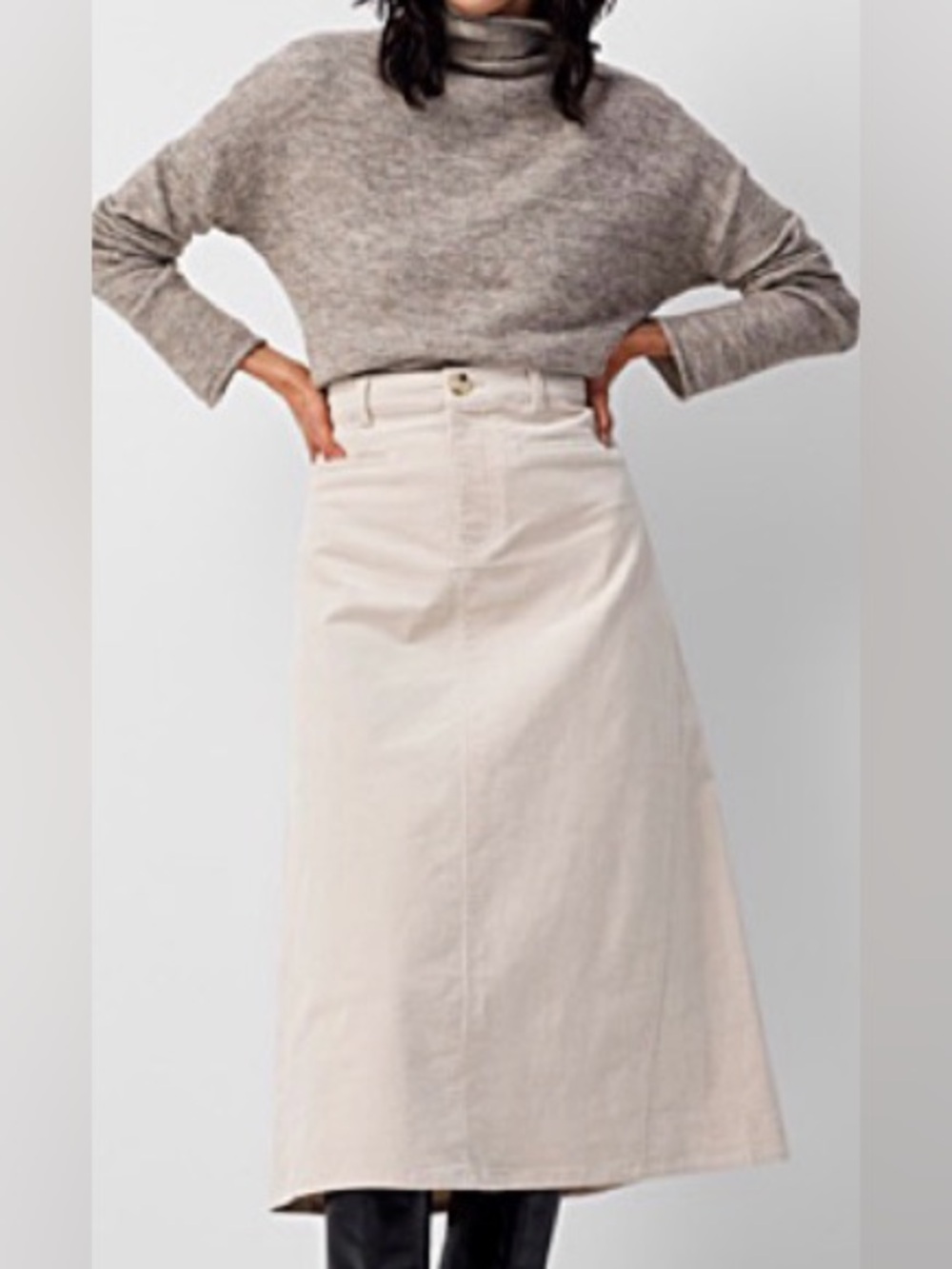 Simons Cream A-Line Corduroy Midi Skirt